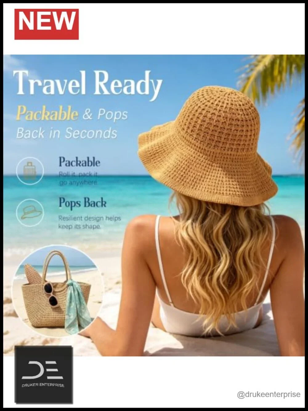Handwoven Straw Sun Hat with UV Protection, Packable Floppy Wide Brim